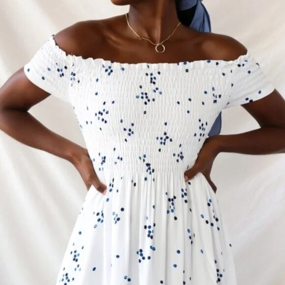 Santa Monica Pier Blue and White Print Off-the-Shoulder Dress - Picture 14 of 16